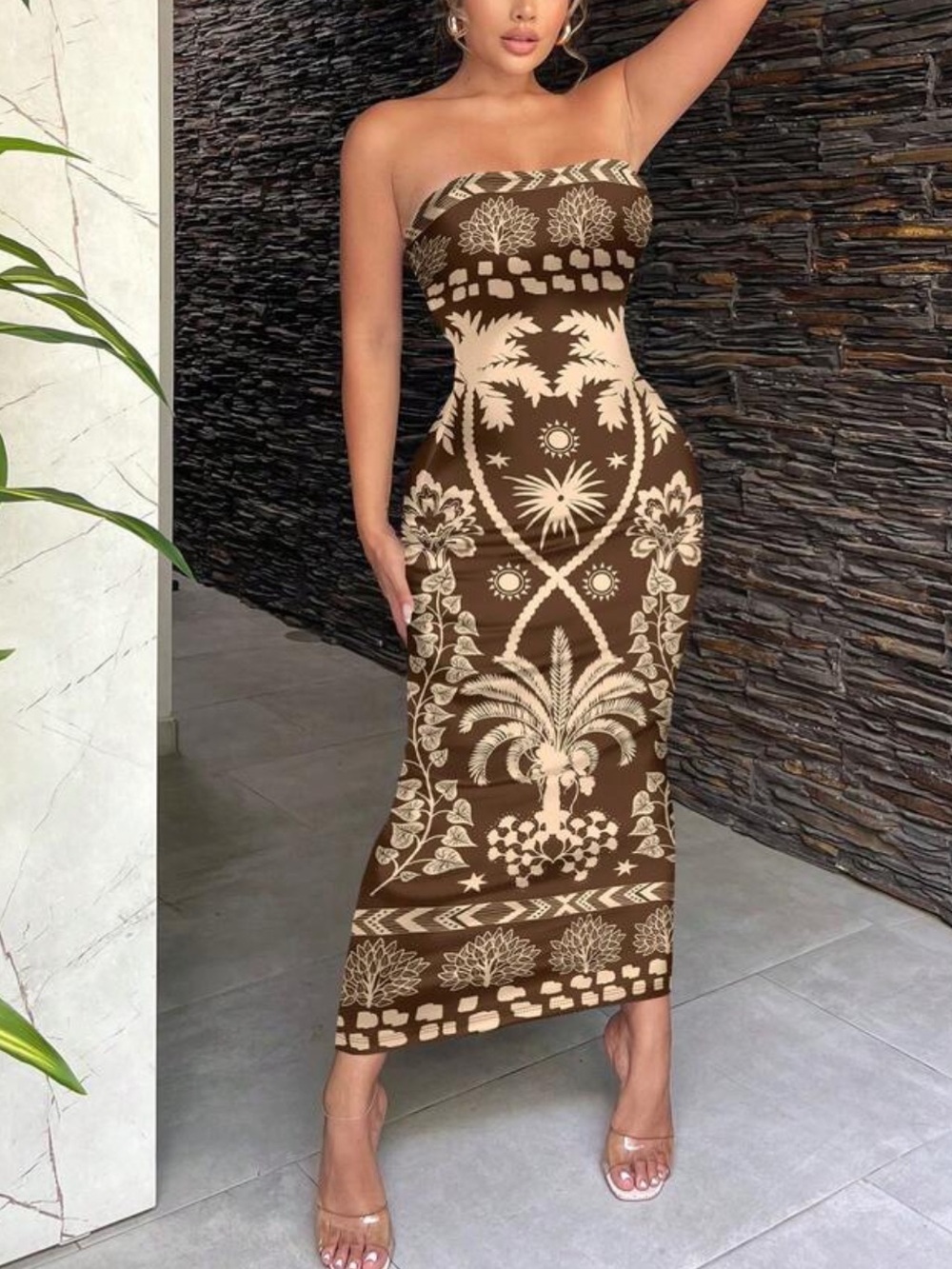 Strapless Brown & Cream Patterned Bodycon Midi Dress